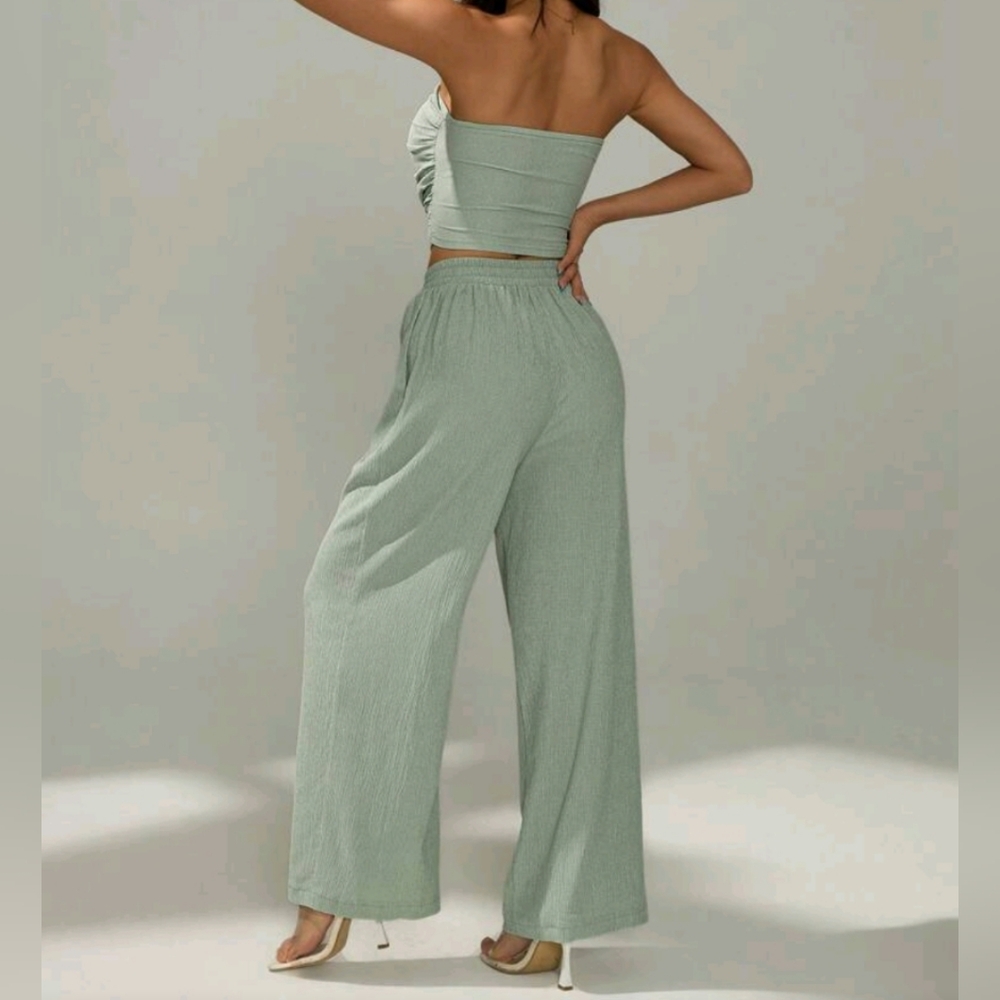 SHEIN petite Women 2pcs/Set Summer Casual Solid Color Ruched Bandeau Top And Lon - Picture 2 of 4